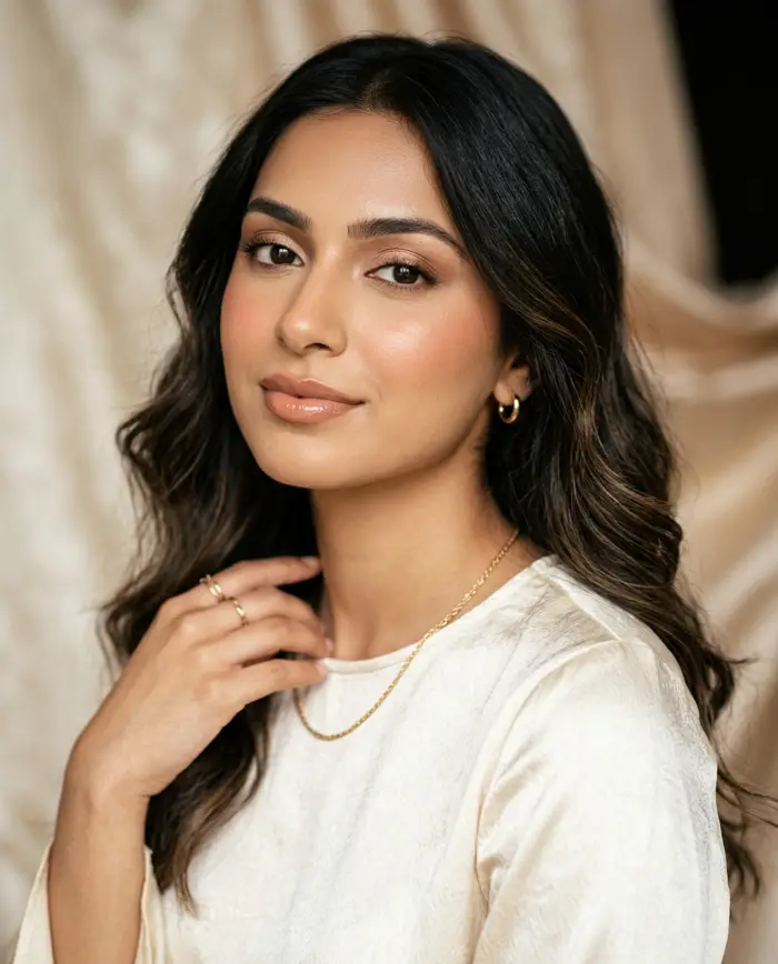 Soft glam beauty makeup with peach blush and glossy nude lips