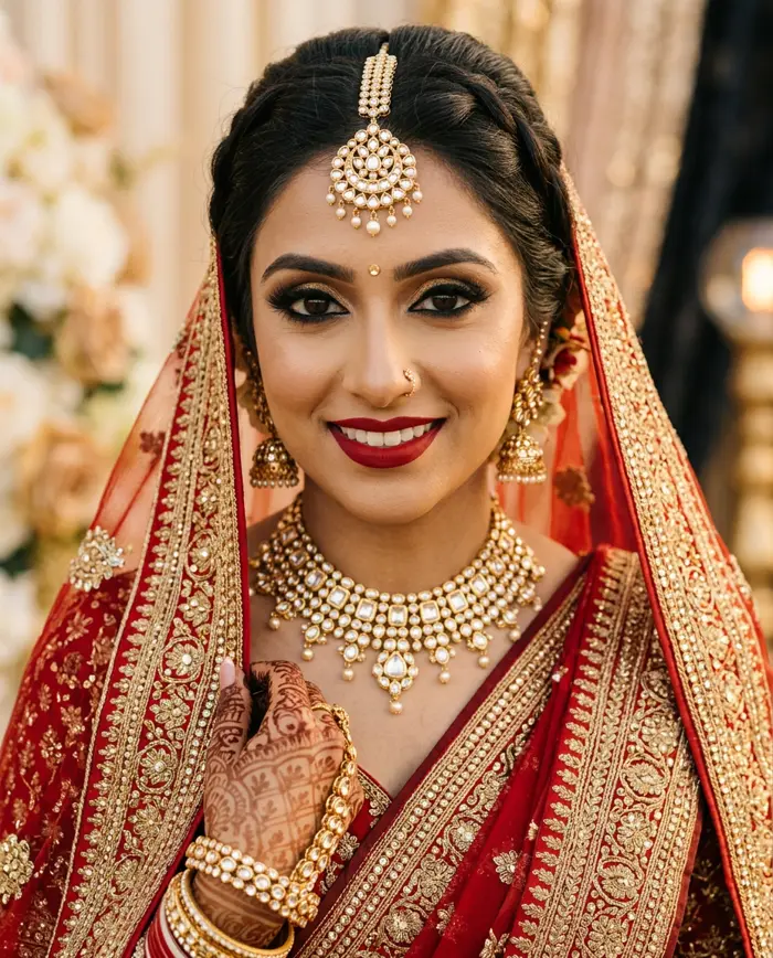 Indian bridal makeup look with kohl eyes, red lips and kundan jewellery