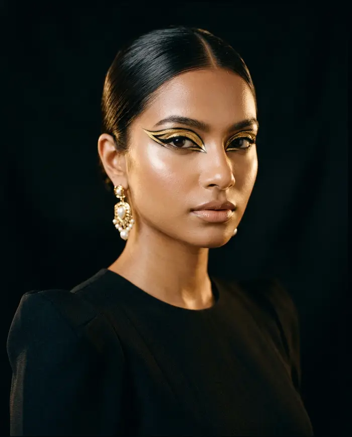 Editorial makeup with graphic gold eyeliner and luminous skin