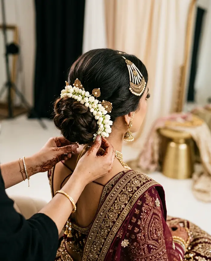 Bridal bun hairstyle with jasmine flowers and gold accessories