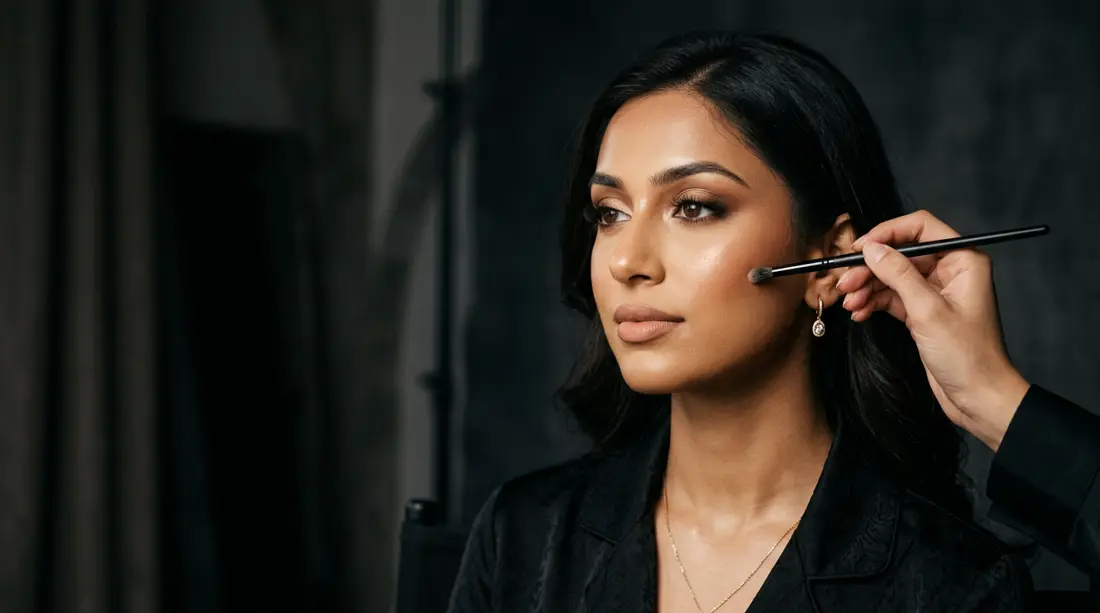 Makeup artist applying professional editorial makeup with a fine brush at KIYU Makeup Academy, New Delhi