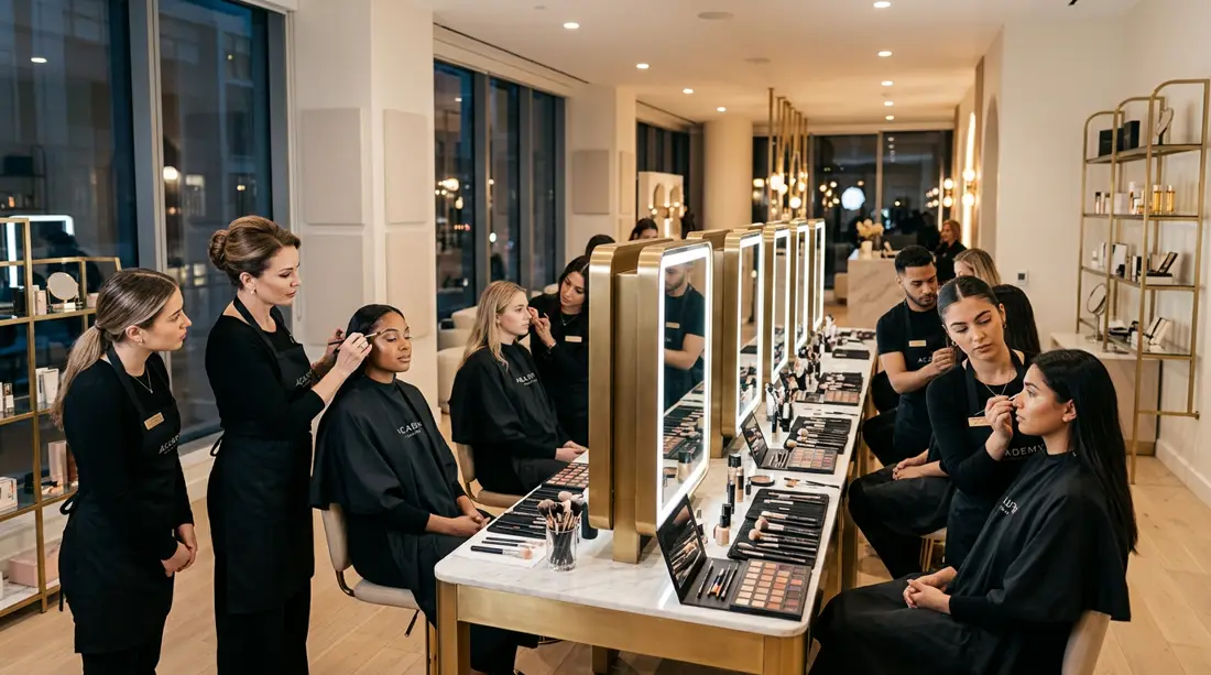 Students practising professional makeup on models at KIYU Makeup Academy studio in New Delhi